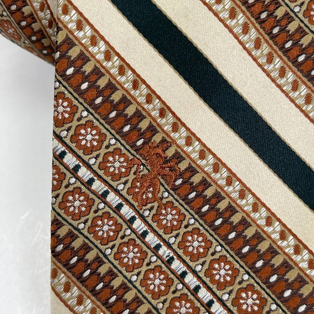 Vintage Bronzini Necktie Men Brown Tan Green Floral Striped Tie 1970s Mod Retro